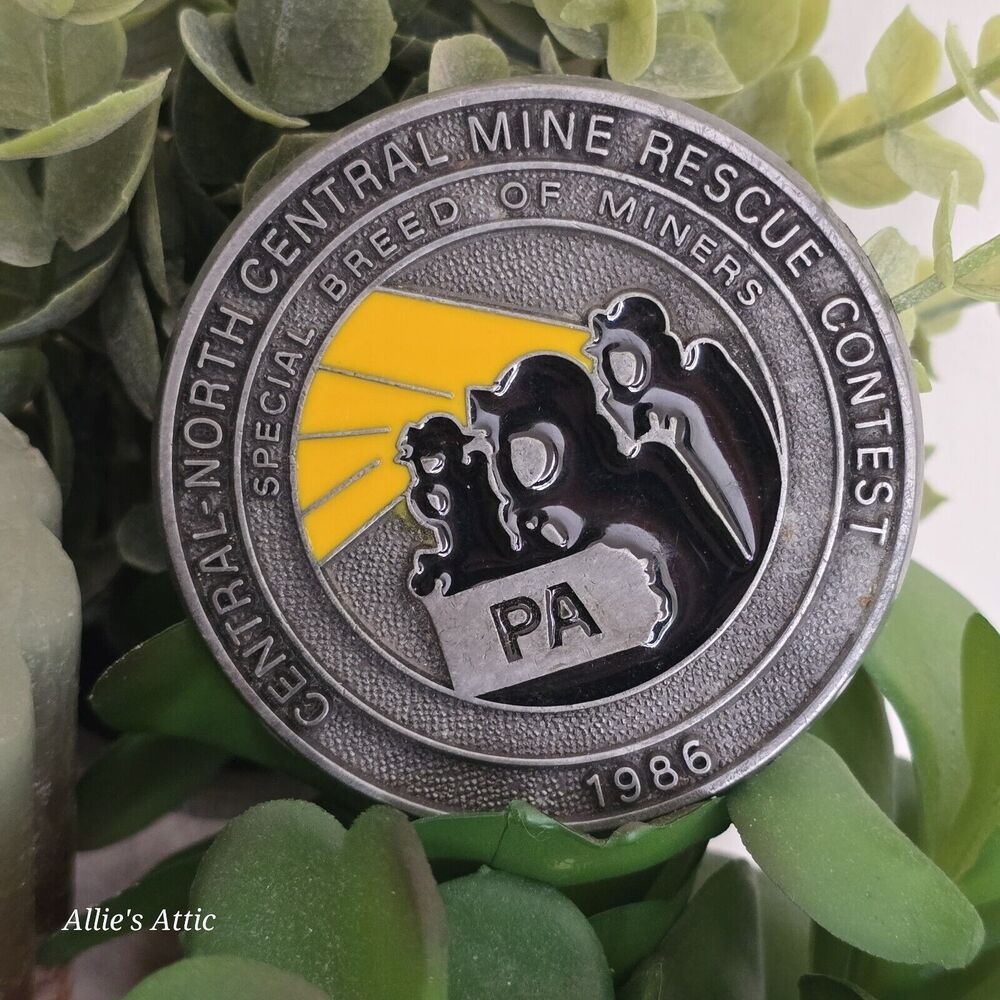 Vintage‎ 1986 Coal Minor Round Silver Black Belt Buckle PA Mine Rescue 2.5"